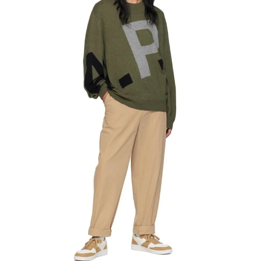 A.P.C. WOOL LOGO SWEATER IN KHAKI SIZE SMALL